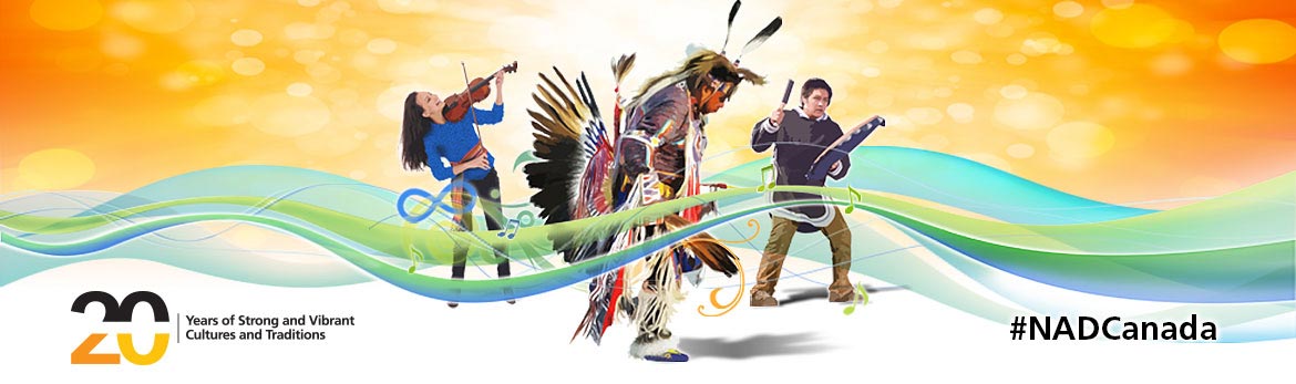 A Métis fiddler, First Nations dancer and Inuit drummer are in the centre of the image. On the bottom right is the hashtag: #NADCanada and on the left is the 20th anniversary logo for National Aboriginal Day. 