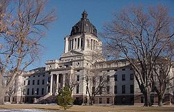 The South Dakota State Capitol building near the Missouri River in downtown Pierre.