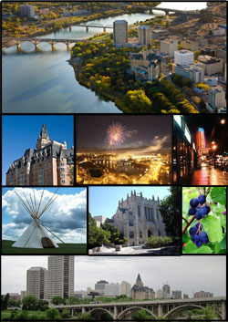 From left to right: central Saskatoon featuring the South Saskatchewan River and three of its bridges; the Delta Bessborough hotel; the Saskatoon Fireworks Festival; Broadway Avenue; Wanuskewin Heritage Park; the University of Saskatchewan; the Saskatoon berry; Saskatoon skyline featuring the Broadway Bridge in foreground