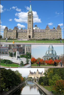 Centre Block on Parliament Hill, the National War Memorial in downtown Ottawa, the National Gallery of Canada, and the Rideau Canal and Château Laurier.