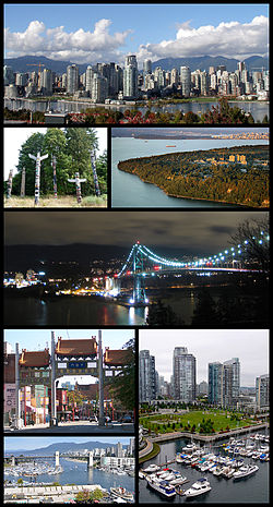 Clockwise from top: Downtown Vancouver as seen from the southern shore of False Creek, The University of British Columbia, Lions Gate Bridge, a view from the Granville Street Bridge, Burrard Bridge, The Millennium Gate (Chinatown), and totem poles in Stanley Park