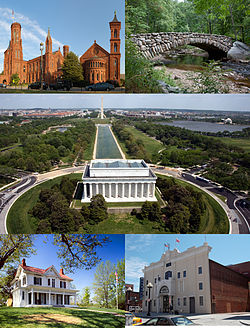 Clockwise from top left: Smithsonian Institution Building, Rock Creek Park, National Mall (including the Lincoln Memorial in the foreground), Howard Theatre and the Frederick Douglass National Historic Site