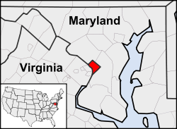 Location of Washington, D.C., in the contiguous United States and in relation to the U.S. states of Maryland and Virginia.