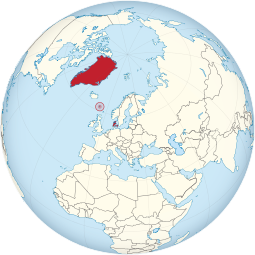 Location of the Kingdom of Denmark (red), consisting of the Faroe Islands (circled), Greenland and Denmark