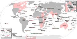 All areas of the world that were ever part of the British Empire. Current British Overseas Territories have their names underlined in red.