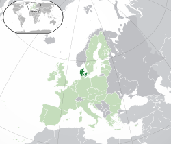 Location of Denmark[N 2] (dark green), in Europe (dark grey) and in the European Union (light green)