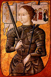 Joan of Arc in plate armor holding sword facing left with gilded background