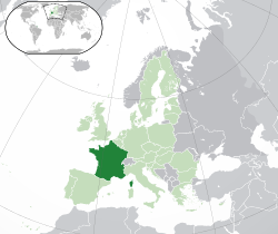 Location of  metropolitan France  (dark green)– in Europe  (green & dark grey)– in the European Union  (green)