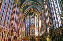 Sainte Chapelle interior showing painted stonework vaulting and stained glass