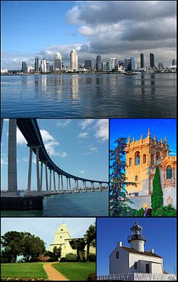Images from top, left to right: San Diego Skyline, Coronado Bridge, House of Hospitality in Balboa Park, Serra Museum in Presidio Park and the Old Point Loma lighthouse