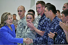 Clinton greeting U.S. military personnel