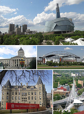 Clockwise from top: Downtown featuring the Canadian Museum for Human Rights,  Investors Group Field, Saint Boniface and the Esplanade Riel bridge, Wesley Hall at the University of Winnipeg, Manitoba Legislative Building.