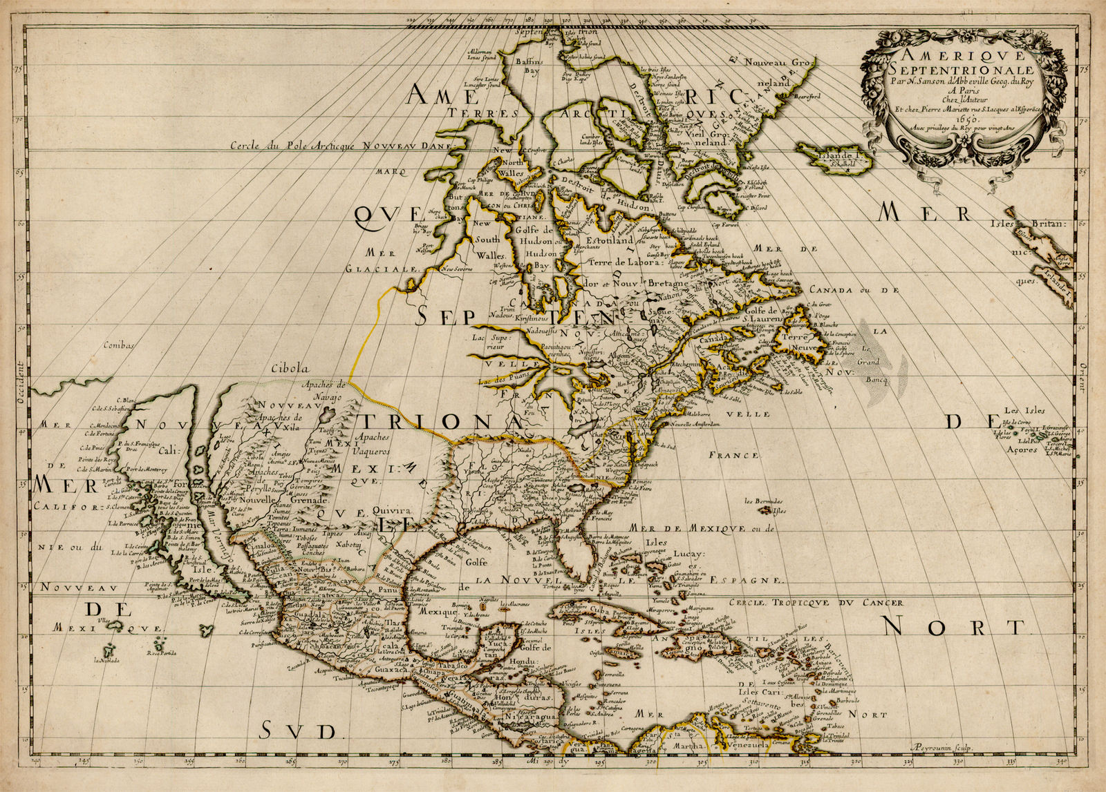 Much of New France's "Pays d'en Haut" (Upper Country) remained unexplored in the mid-1600s; Nicolas Sanson d'Abbbeville's 1650 map was the first to show all five Great Lakes[46][46]