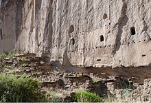 A Remains of multistory dwelling built into volcanic tuff wall. Bandelier National Monument, New Mexico