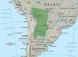 Very approximate location and borders of the Gran Chaco. The natural border to the west is the Andes and, to the east, the Paraguay River. Northern and southern borders are less well-defined. (Underlying map taken from the CIA World Factbook)