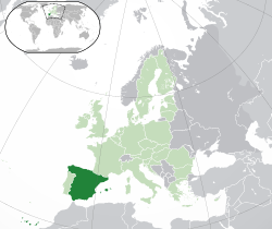 Location of  Spain  (dark green)– in Europe  (green & dark grey)– in the European Union  (green)  –  [Legend]