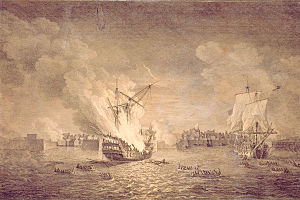 British burninng warship Prudent and capturing Bienfaisant. Siege of Louisbourg 1758. Maritime Museum of the Atlantic, M55.7.1.jpg