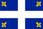 A rectangular flag with a blue background divided into quadrants by thick white lines. Each quadrant has a small gold fleur-de-lis near the outer corner with the top pointed in toward the center.