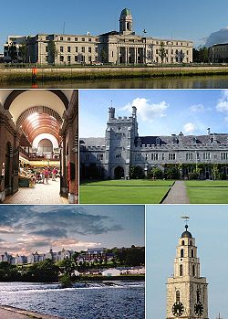 From top, left to right: City Hall, the English Market, Quadrangle in UCC, River Lee, Shandon Steeple.