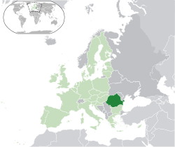 Location of  Romania  (dark green)– in Europe  (green & dark grey)– in the European Union  (green)  –  [Legend]