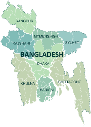 A clickable map of Bangladesh exhibiting its divisions.