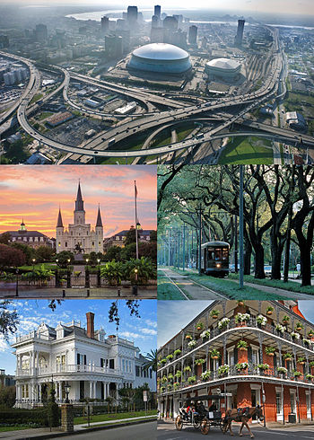 From top clockwise: View of the Central Business District and Mercedes-Benz Superdome, an RTA Streetcar passing through Mid-City, a view of Royal Street in the French Quarter, a typical New Orleans mansion off St. Charles Avenue, and the St. Louis Cathedral in Jackson Square.