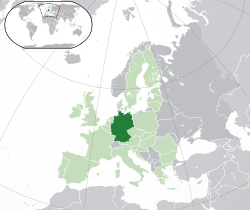 Location of  Germany  (dark green)– in Europe  (green & dark grey)– in the European Union  (green)  –  [Legend]