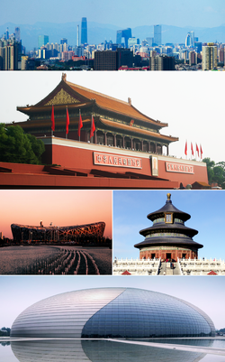 Clockwise from top: Beijing CBD skyline, Tiananmen, Temple of Heaven, National Center for the Performing Arts, and Beijing National Stadium