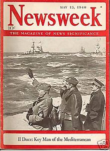 Cover of Newsweek 13 May 1940 Mussolini saluting navy revue from shore "Il Duce: key man of the Mediterranean".