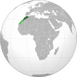 Dark green: Internationally recognized territory of Morocco.Lighter green: Western Sahara, a territory claimed and mostly controlled by Morocco as its Southern Provinces.