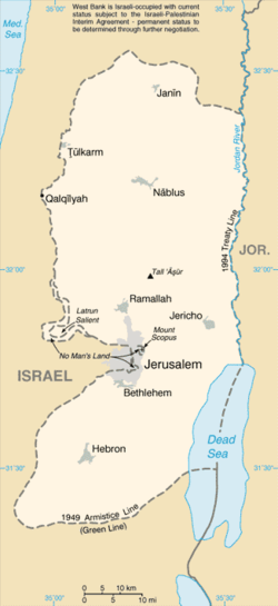 The West Bank (Arabic: الضفة الغربية‎‎ aḍ-Ḍiffah al-Ġarbiyyah, Hebrew: הַגָּדָה הַמַּעֲרָבִית, translit. HaGadah HaMa'aravit.[1]