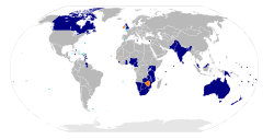 Map highlighting the member states of the Commonwealth (dark blue)