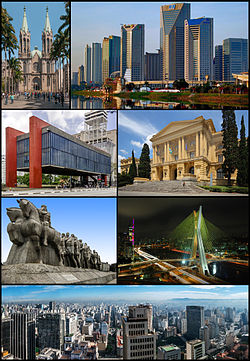 From the top, left to right: São Paulo Cathedral, United Nations Business Center, São Paulo Museum of Art on Paulista Avenue, Paulista Museum, Bandeiras Monument, Octávio Frias de Oliveira Bridge, and overview of the historic downtown from Altino Arantes Building