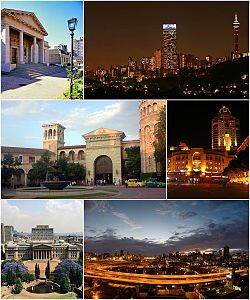 Clockwise, from top: Johannesburg Art Gallery, the Hillbrow skyline at night, Nelson Mandela Square in Sandton, Johannesburg CBD looking east over the M1 Freeway, the University of the Witwatersrand's East Campus and Montecasino in Fourways.
