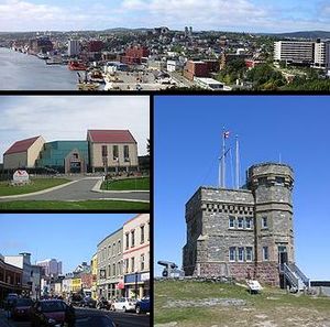 Counterclockwise from top: St. John's Skyline, The Rooms, Water Street, Cabot Tower
