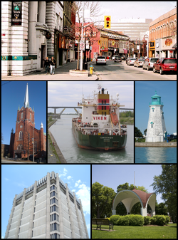 From top left: The corner of St. Paul and Queen streets, the Silver Spire United Church on St. Paul, a ship traversing the Welland Canal with the Garden City Skyway in the background, the lighthouse of Port Dalhousie, the Arthur Schmon Tower of Brock University, and the gazebo in Montebello Park