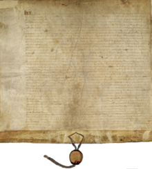 A piece of rectangular parchment with a ribbon and seal hanging from the bottom.