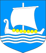 coat of arms, a white viking ship with sail unfurled facing left on blue ground with blue and wite wavy lines for water