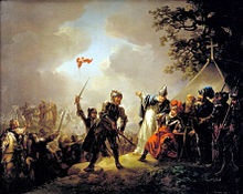 painting 1219 Battle of Lyndanisse with knights motioning to Danish flag in the sky