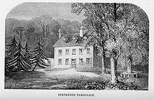 Engraving of a house surrounded by trees