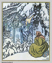 Father Frost, a fairy tale character made of ice, acts as a donor in the Russian fairy tale "Father Frost". He tests the heroine, a veiled young girl sitting in the snow, before bestowing riches upon her.