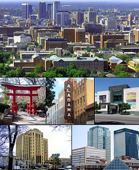 From top left: Downtown from Red Mountain; Torii in the Birmingham Botanical Gardens; Alabama Theatre; Birmingham Museum of Art; City Hall; Downtown Financial Center.