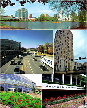Clockwise from top: Big Spring Park, the Old Times Building, the Madison County Courthouse, the Von Braun Center, and Governors Drive