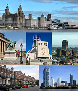From top left: Pier Head and the Mersey Ferry; St George's Hall and the Walker Art Gallery, Liverpool Catholic Cathedral; Liverpool Anglican Cathedral; Georgian architecture in Canning; Princes Dock