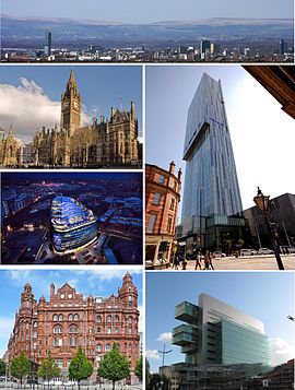 Clockwise from top: the city seen from a distance, Beetham Tower, Manchester Civil Justice Centre, Midland Hotel, One Angel Square, Manchester Town Hall