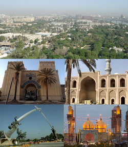 Clockwise from top: Aerial view of the Green Zone; Al-Mustansiriya University; Al-Kadhimiya Mosque; Swords of Qadisiyah monument; and the National Museum of Iraq