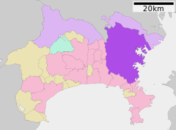 Map of Kanagawa Prefecture with Yokohama highlighted in purple