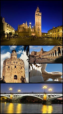 Clockwise from top: St. Mary of the See Cathedral and Giralda, Plaza de España in the Maria Luisa Park, Metropol Parasol, the Isabel II ("Triana") bridge and the Torre del Oro.