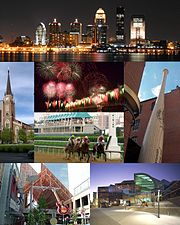 From top: Louisville downtown skyline at night, Cathedral of the Assumption, Thunder Over Louisville fireworks during the Kentucky Derby Festival, Kentucky Derby, Louisville Slugger Museum & Factory, Fourth Street Live!, The Kentucky Center for the Performing Arts