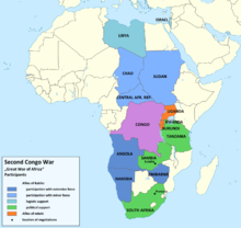 color map of African countries showing Uganda Rwanda and Burundi backing rebels against Kabila